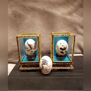 Vintage 3 Hand Painted Chinese Blown Eggs 2 Out Of 3 Are In Glass Display